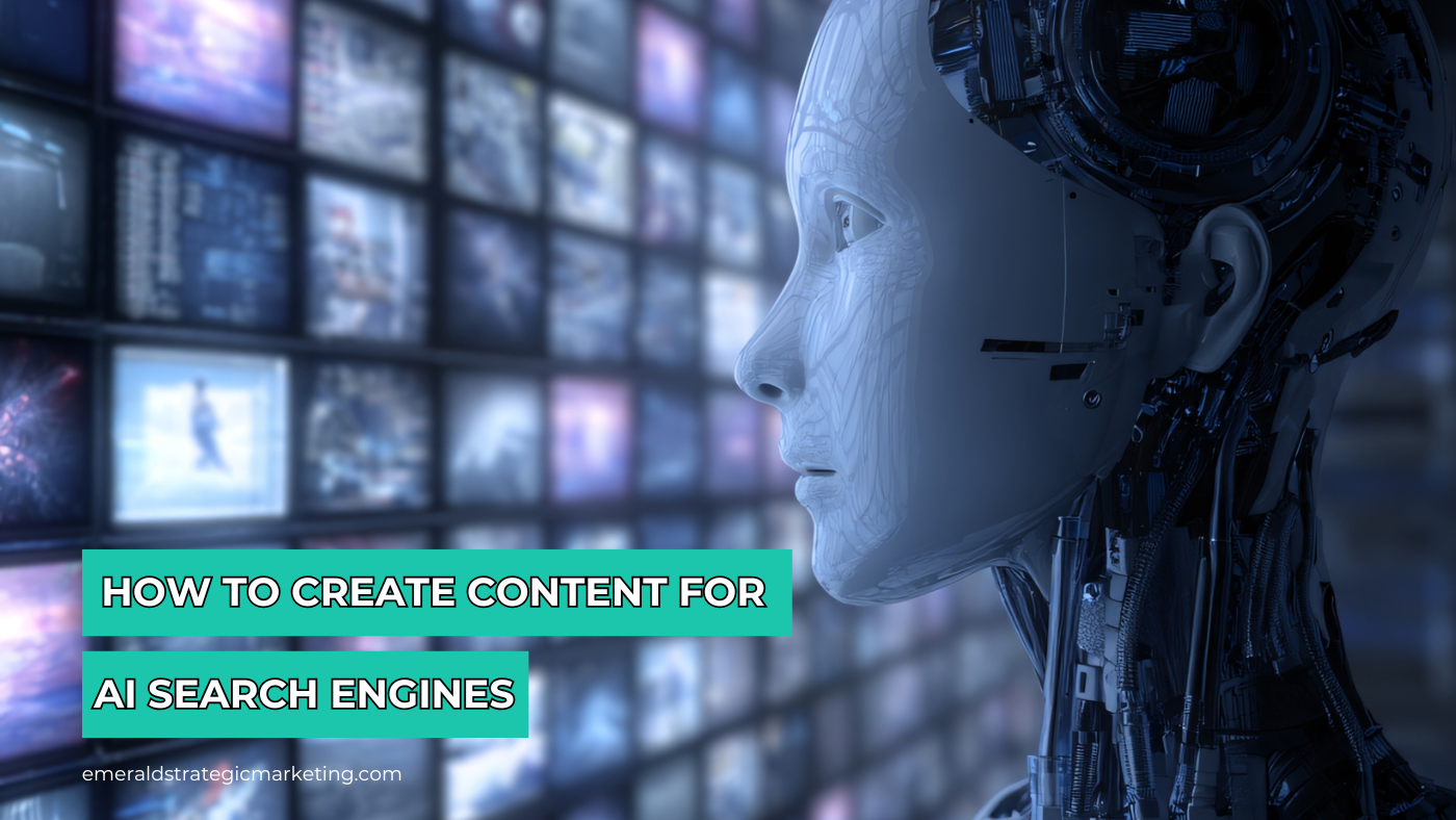 A futuristic humanoid robot stands in front of multiple digital screens displaying data and images, with blue lighting throughout. Text on the image reads “How to Create Content for AI Search Engines” with the Emerald Strategic Marketing URL at the bottom.