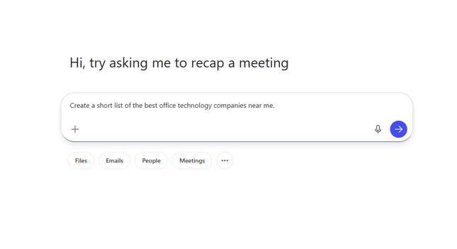 A Microsoft Copilot screen with the prompt, "Create a short list of the best office technology companies near me" typed into to search box.