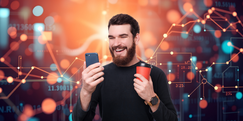 A person looking at their cellphone. The background are a bunch of digital algorithm connections.