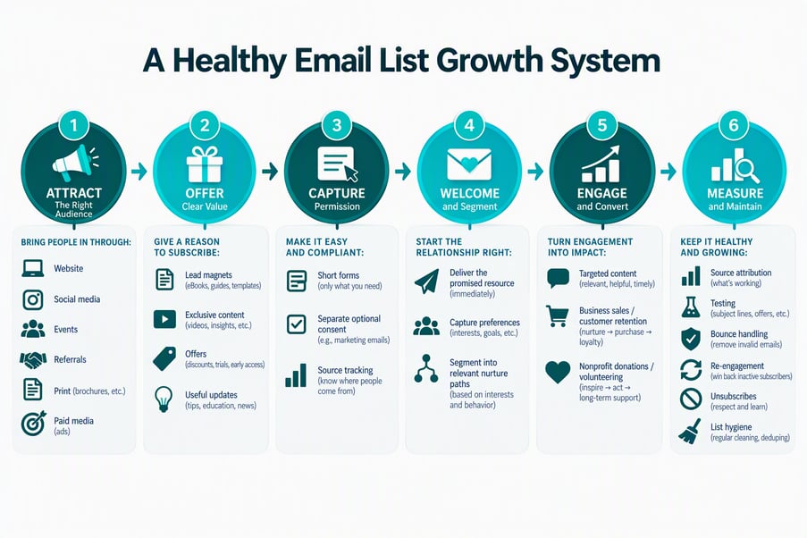 A 6 step graphic showing a healthy email list growth system
