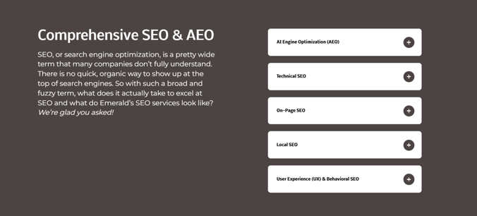 An example of a well-organized section from EmeraldStrategicMarketing.com that includes dropdowns to help readers and AI find information quickly.