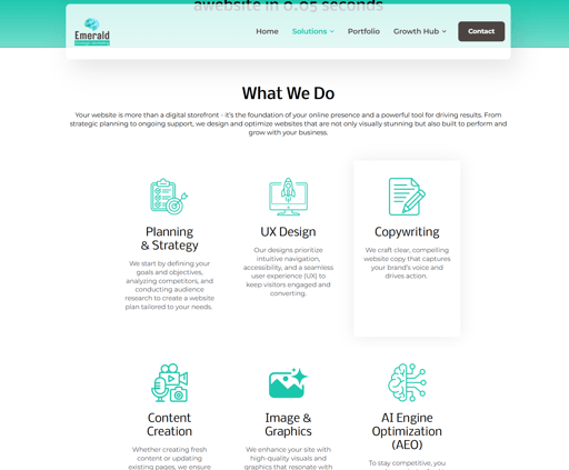 An example of a well organized service page. This page is from EmeraldStrategicMarketing.com and shows the simple to read and understand outline of what Emerald does for website design and optimization.