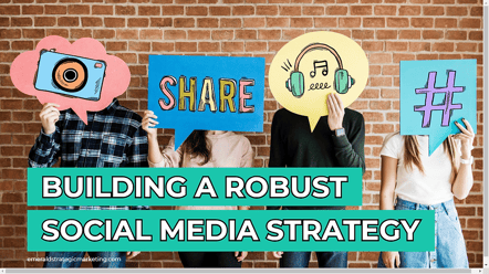 Four people holding signs over their faces that have a hashtag, headphones, the word "share," and a camera on them. Text: Building a Robust Social Media Strategy