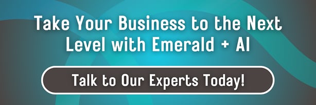 A teal, gray gradient background. Text: Take Your Business to the Next Level with Emerald + AI.
Button: Talk to Our Experts Today!