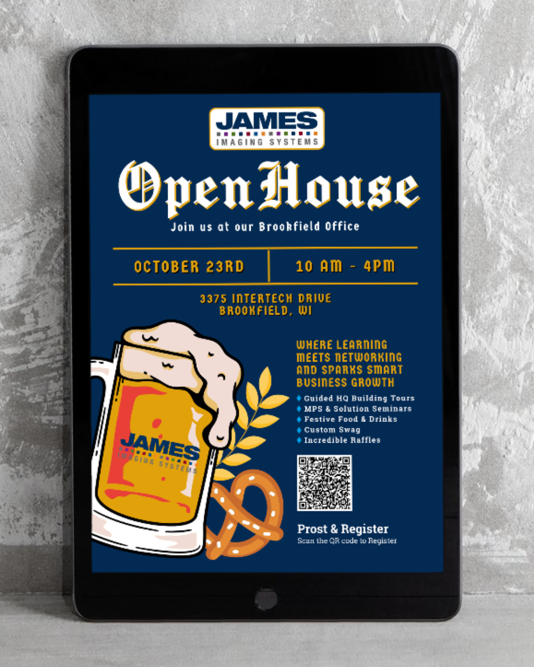 A tablet with the James Imaging System's Open House Flyer on it.