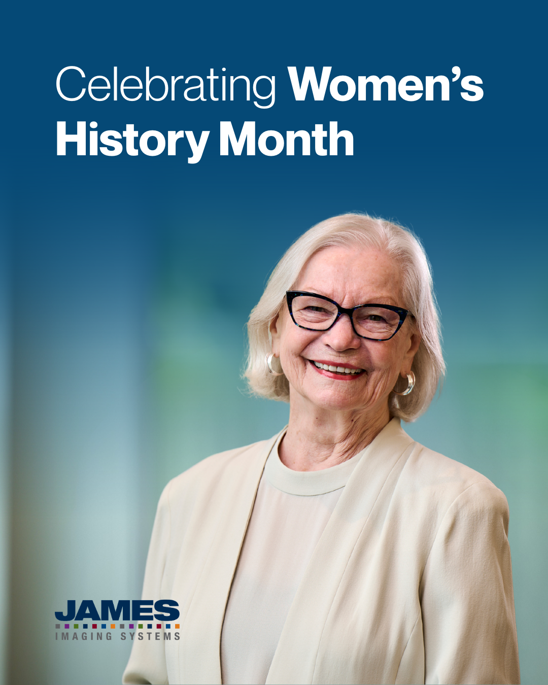 A social media post showing the owner of James Imaging Systems. Text: "celebrating women's history month"