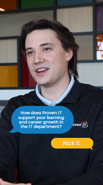 A screenshot of a social media video featuring a Proven IT employee as well as chat bubbles introducing the question.