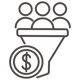A funnel with three people icons entering the funnel and a coin at the bottom of the funnel.