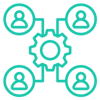 A gear in the middle connected to four icons of people.