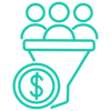 Icons of people going into a funnel and at the bottom is a coin.