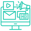 A computer monitor with marketing icons coming out of it like a megaphone, play button, and an email envelope.