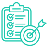 A clipboard with a checklist and in front is a target with an arrow in the middle.