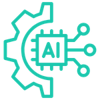 Half a gear with an AI chip in it that is branching out.