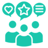 Icons showing people with talk bubbles that show a heart, star, and text.