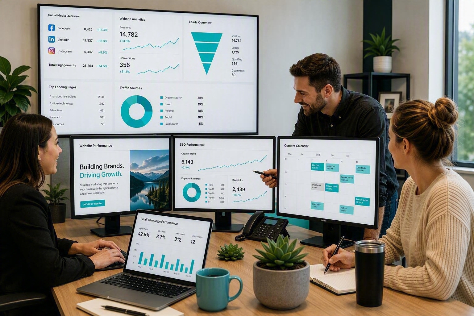 Three people in an office looking at monitors with schedules, marketing analytics, data, and proposals.