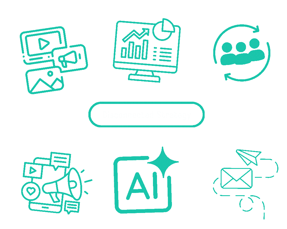Graphics representing different marketing elements that start off disconnected and then are connected into a smart marketing strategy.