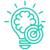 A brain inside a lit lightbulb with a target bullseye overlaying it.