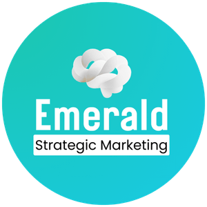 A circle that is gradient from a teal green to a teal blue with the Emerald Strategic Marketing logo in the circile.
