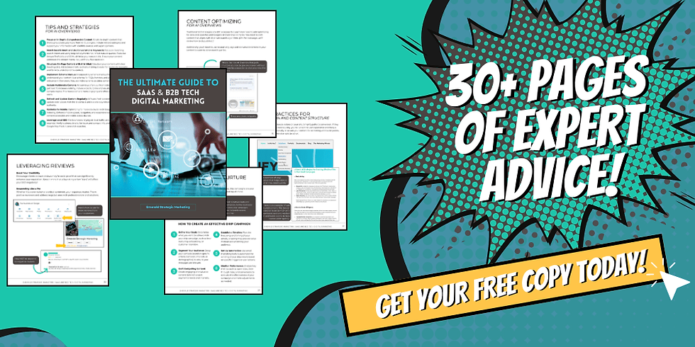 A comic style graphic with preview pages of our Ultimate Guide to SaaS & B2B Tech Digital Marketing.