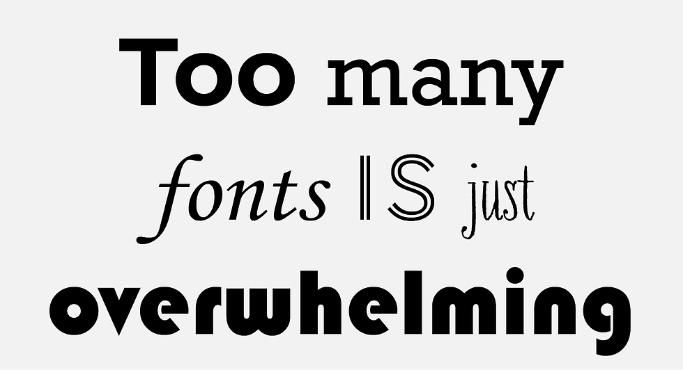 The sentence: Too many fonts is just overwhelming. Each word is in a different font with different weights. Image Credit: 1893 Brand Studio