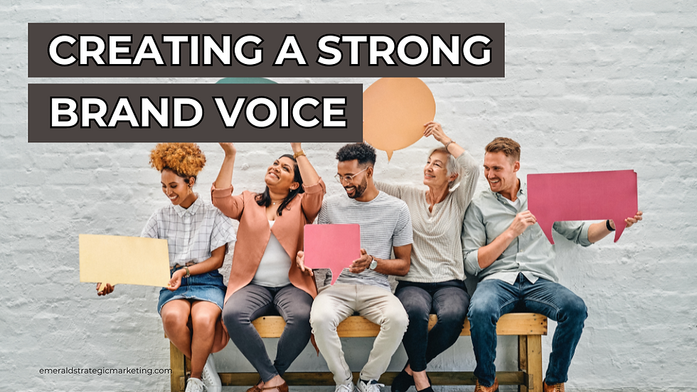 A group of people on a bench holding talk bubbles. Text: Creating a Strong Brand Voice