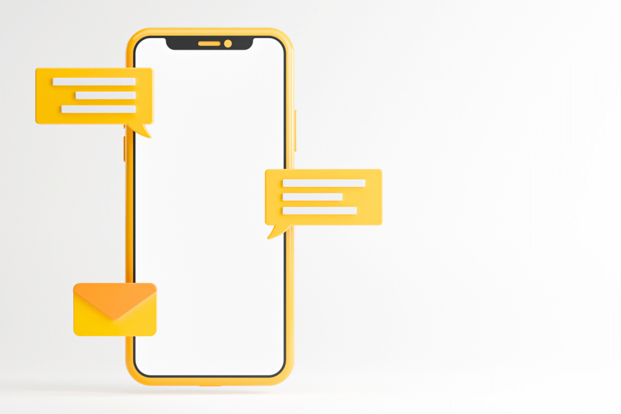 A cellphone with talk bubbles and an email symbol that represent a conversation with your target audience.
