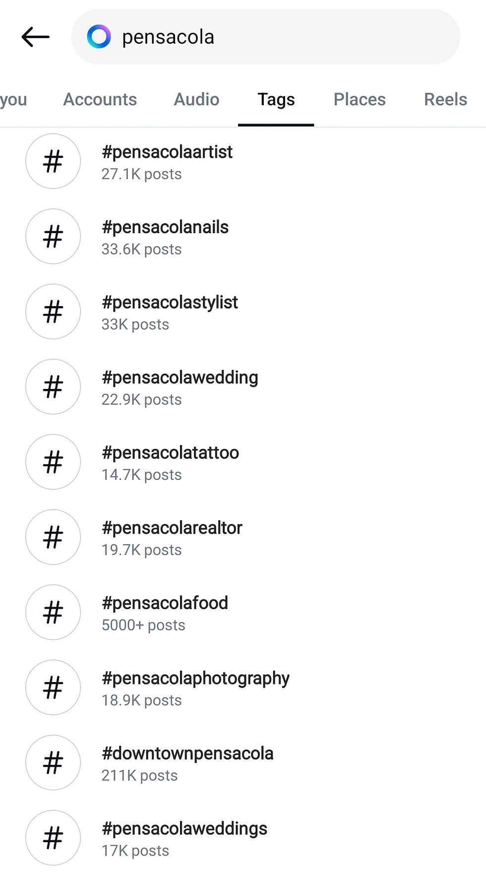 A screenshot of an instragram search for Pensacola and the list of related hashtags