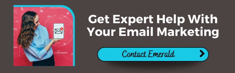 A person in a blue shirt holding a tablet. On the tablet is an envelope with an alert that there is an email. Text: Get Expert Help With Your Email Marketing. Button: Contact Emerald