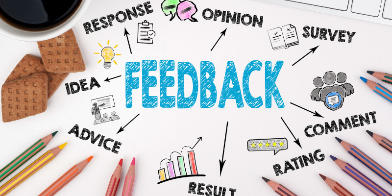 The word Feedback with arrows pointing out for it that lead to response, idea, results, and advice.