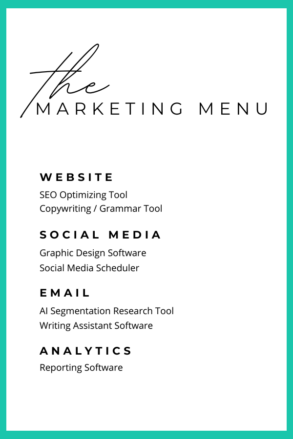 A marketing menu of some tools that marketers use like SEO tools, and social media schedulers.