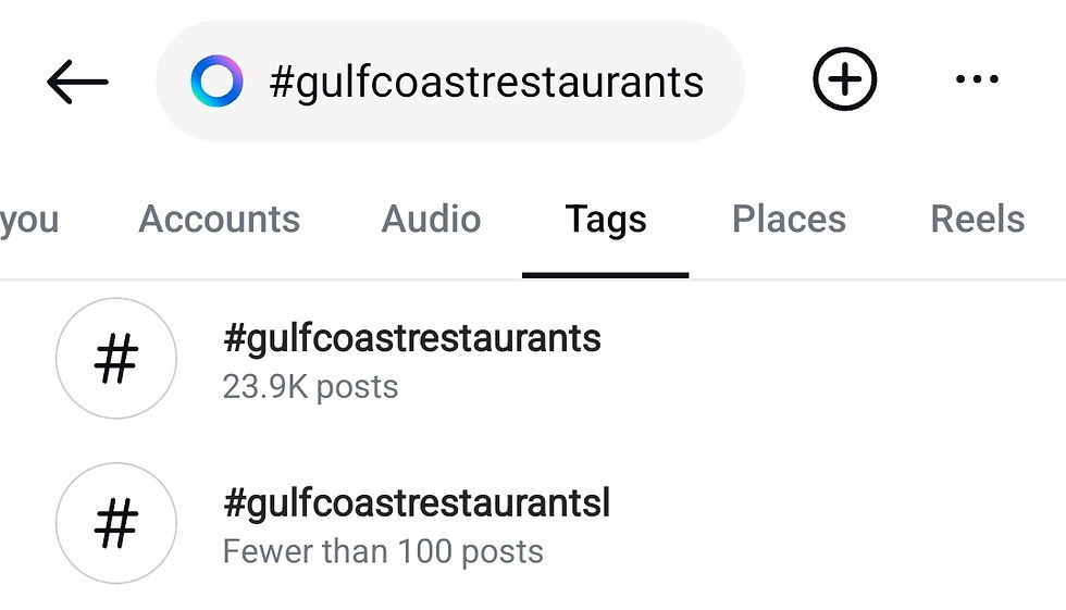An instagram search for #gulfcoastrestaurants and the hashtag results.