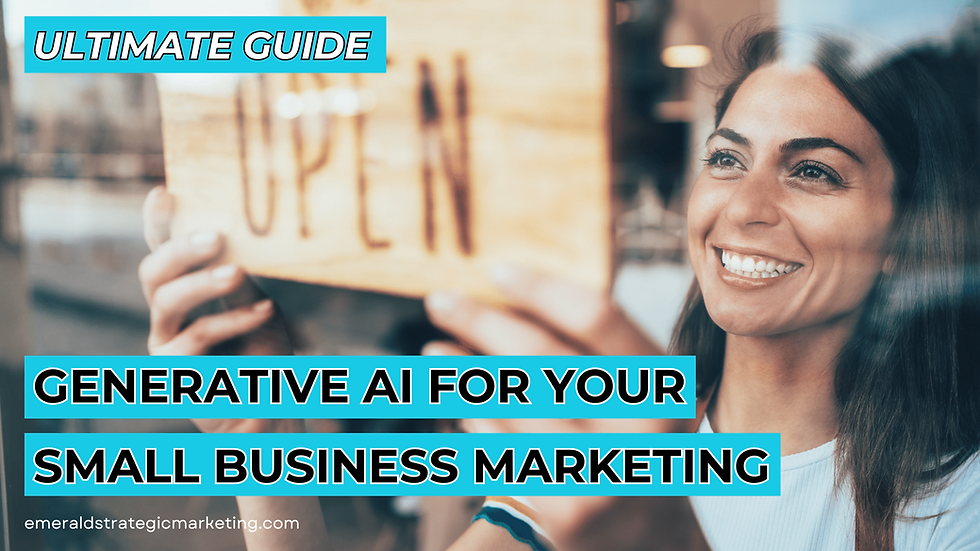 A happy business owner putting up an open sign. Text: Ultimate Guide: Generative AI for your small business marketing