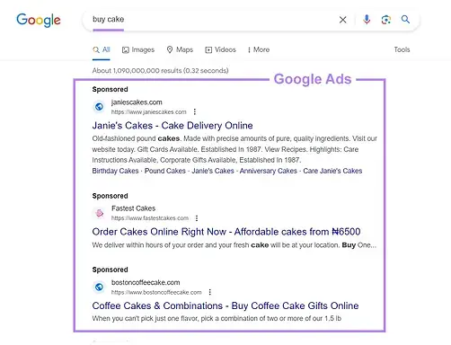 An example of how Google ads look after someone searches keywords. It shows the top sponsored results. Graphic Credit: Semrush