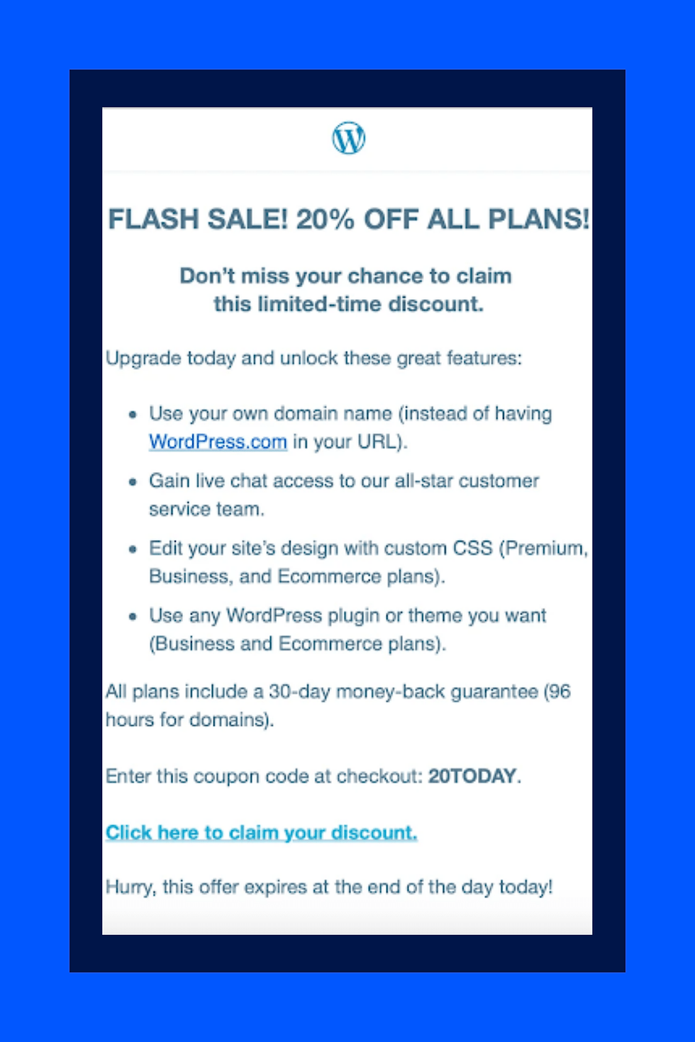 An example of an exclusive offer email from WordPress