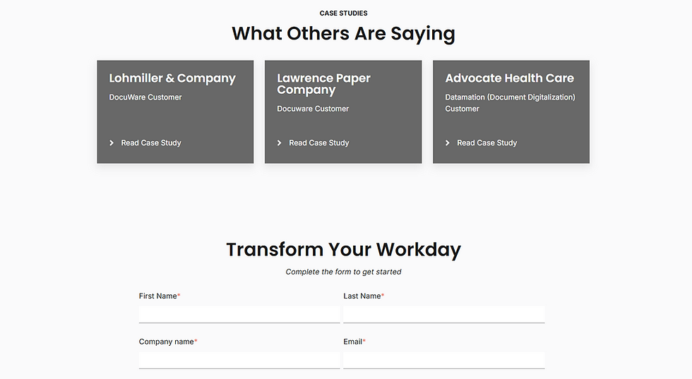 A screenshot of the testimonial and case study section of a landing page.