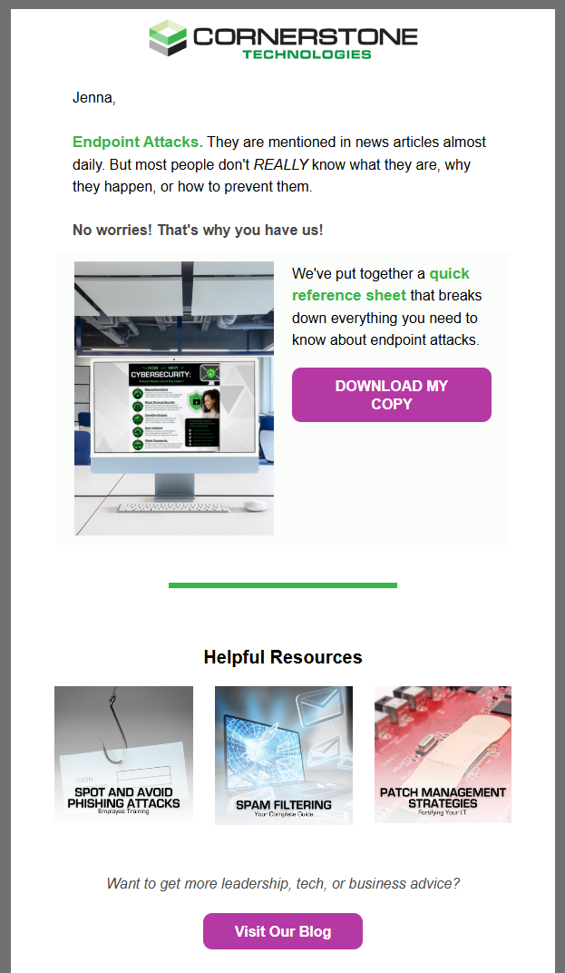 This screenshot of an email from our client Cornerstone Technologies shows clear sections using white space and a separation between elements. 