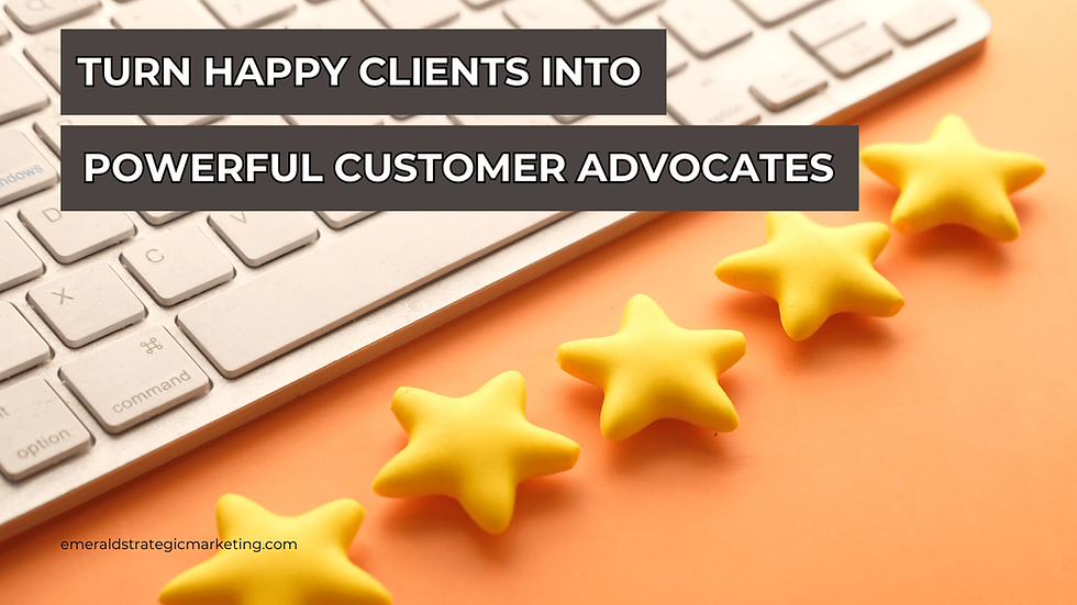 Five gold stars in front of a keyboard. Text: Turn Happy Clients into Powerful Customer Advocates