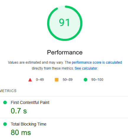 A speed test for a website showing the performance is 91 out of 100 and the loading times are in the green.