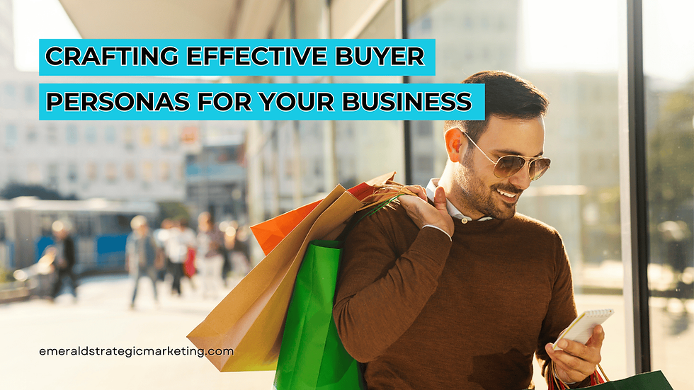 A person holding shopping bags, looking at their phone while they walk down the sidewalk. Text: Crafting Effective Buyer Persons for Your Business