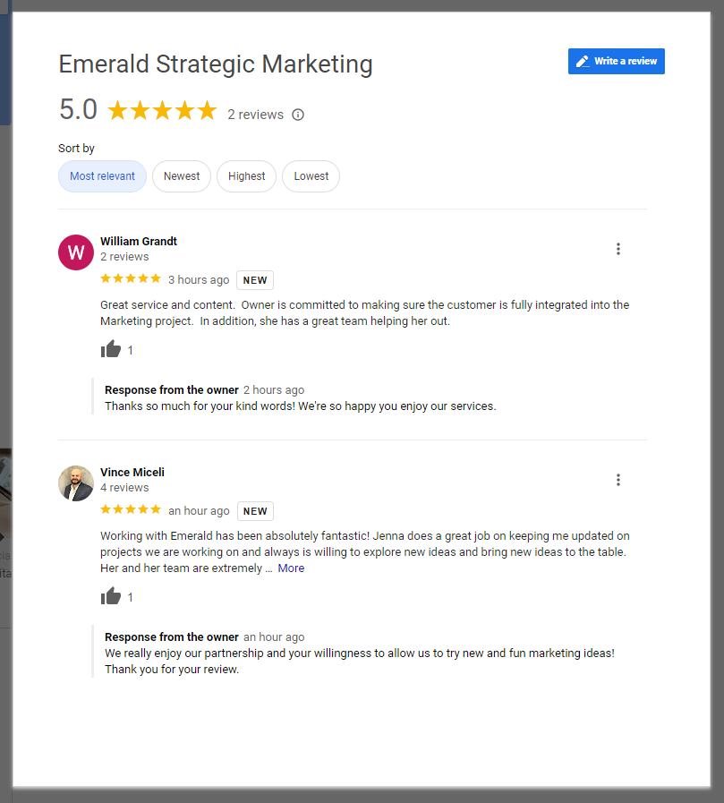 Emerald Strategic Marketing Google Reviews