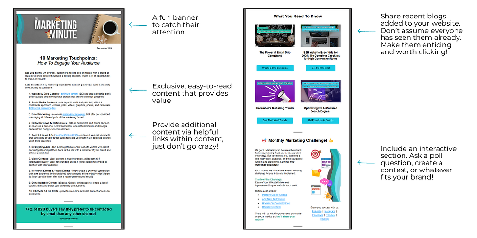 Two screenshots of The Marketing Minutes newsletter featuring a fun banner, exclusive content, clickable links, our blogs, and interactive elements.