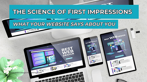 A computer, laptop, tablet, and mobile phone with a website on it. Text: The science of first impressions. What your website says about you.