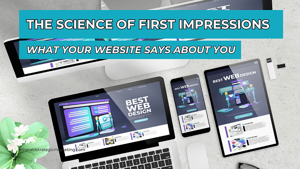 A computer, laptop, tablet, and mobile phone with a website on them. Text: the science of first impressions, what your website says about you.