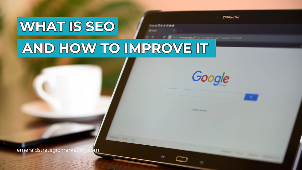 A tablet with Google open on it's browser. Text: What is SEO and How to Improve It