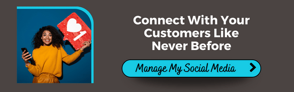 A person holding a cellphone and a instagram heart icon. Along with a button that says "manage my social media"