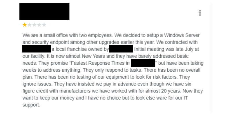 A screenshot of a 1-star google review showing an unhappy managed services client.