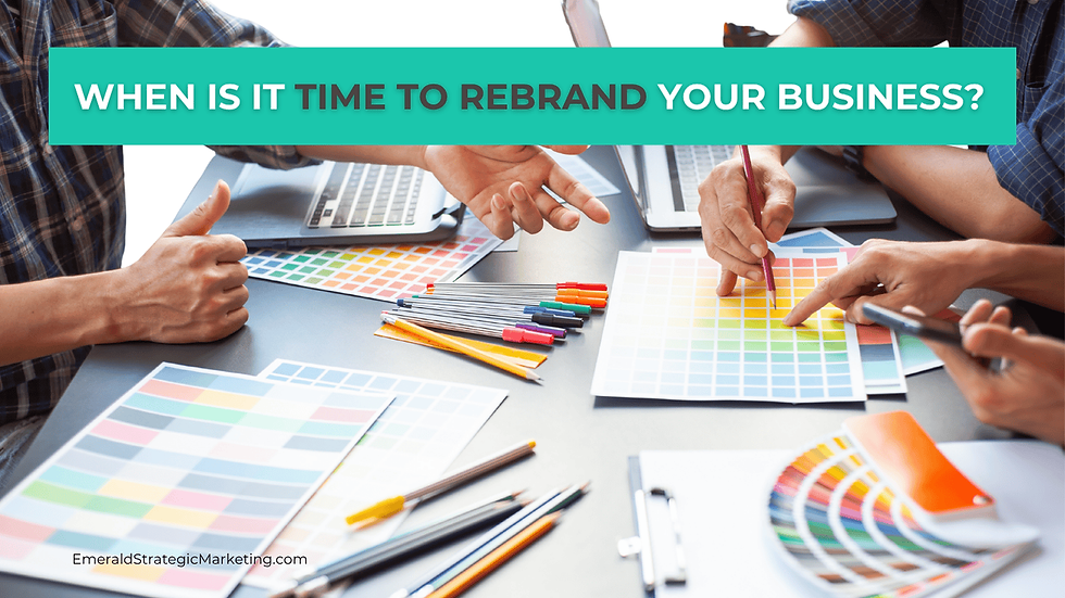 A team looking at color palettes for a rebrand. Text: When is it time to rebrand your business?