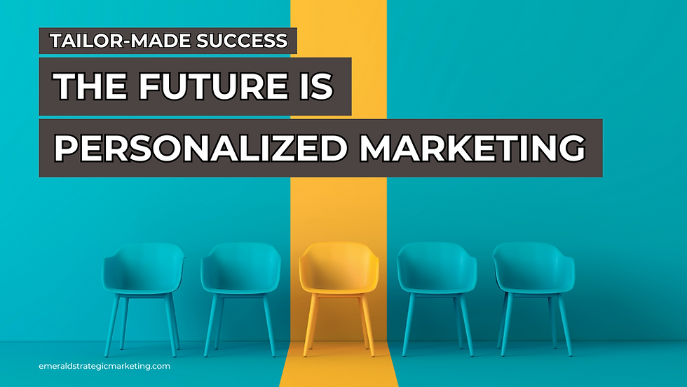 Teal chairs that match the wall and floor, with a yellow chair in the middle that stands out. Text: Tailor-made success, the future is personalized marketing