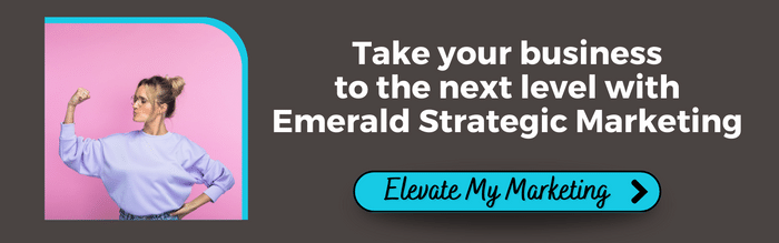 A person flexing their arm. Text: Take your business to the next level with Emerald Strategic Marketing. Button: Elevate my marketing