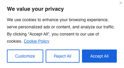 This is a screenshot of a privacy policy popup. It allows the user to Customize, Reject all, or Accept all.